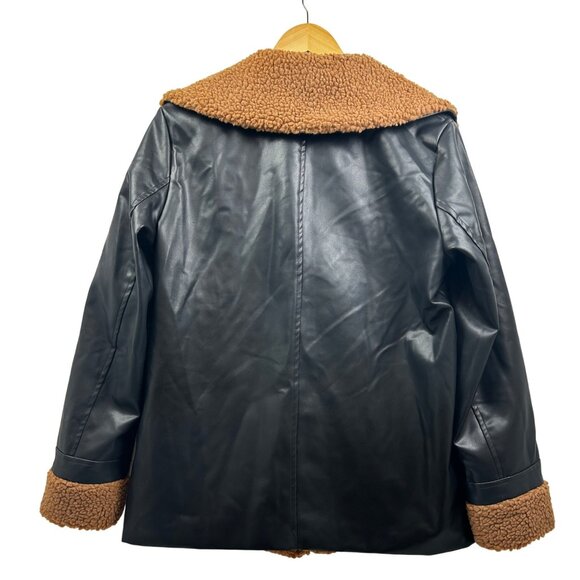 Sherpa Aviator Jacket Womens Large Faux Leather Black Brown Teddy Collar Fall - Picture 5 of 7